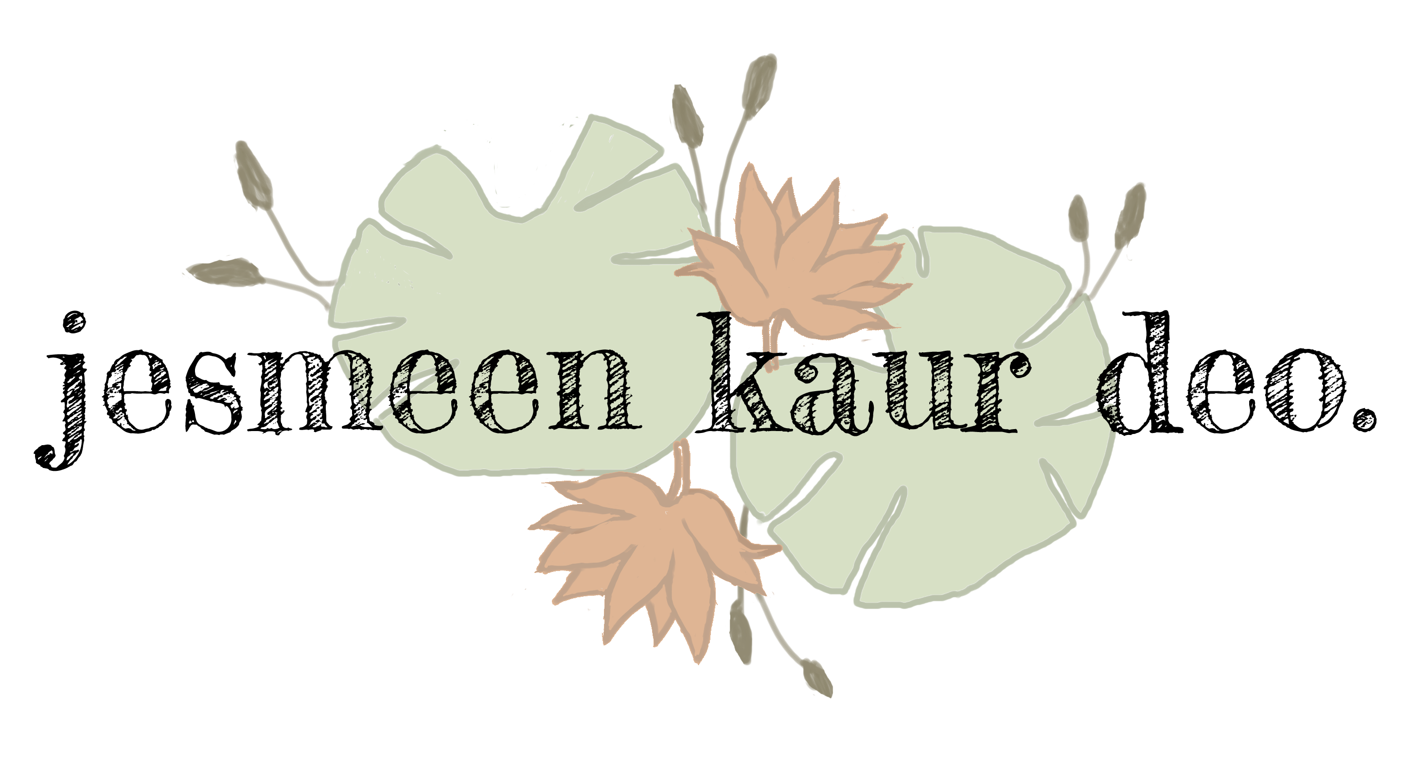 Logo of Jesmeen Kaur Deo, Author, written in lower case with lily pads and pond flowers as decoration.